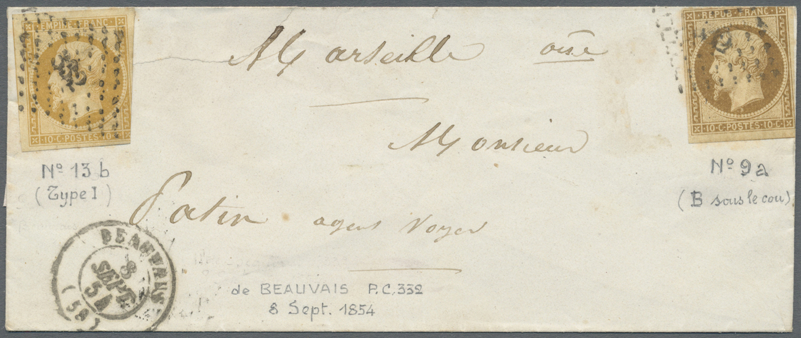 Br Frankreich: 1852, Napoleon 10 C "REPUB FRANC" Gelbbraun Und 1853, 10 C "EMPIRE FRANC" Auf Brief Als Wertstufen - Used Stamps