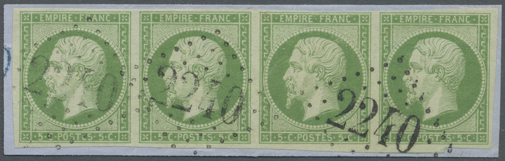 Brrst Frankreich: Napoleon 5 Cent Im Waagerechten VIERERSTREIFEN Auf Briefstück Mit Nummernstempel "2240". Farbfrisc - Oblitérés