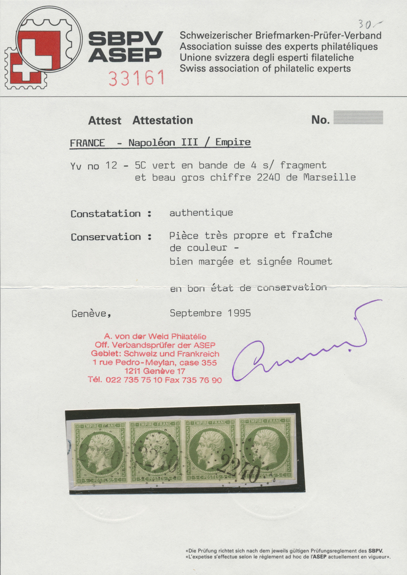Brrst Frankreich: Napoleon 5 Cent Im Waagerechten VIERERSTREIFEN Auf Briefstück Mit Nummernstempel "2240". Farbfrisc - Used Stamps