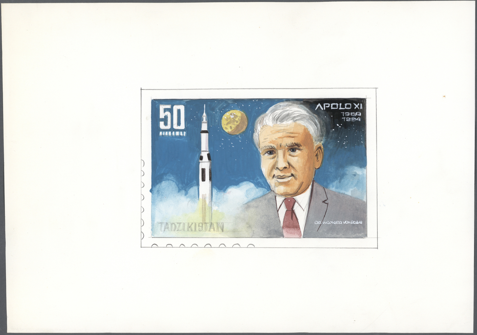 Thematik: Raumfahrt / Astronautics: 1994, Tajikistan. Lot Of 4 Artworks Of Not Issued Designs For An Issue "25th Anniver - Other & Unclassified