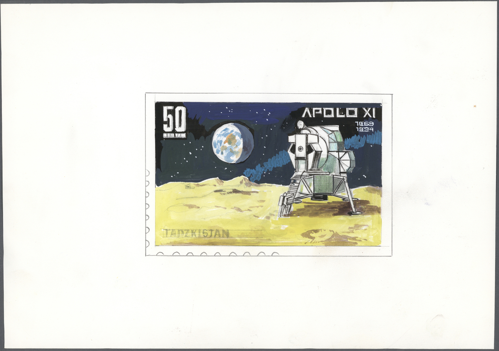 Thematik: Raumfahrt / astronautics: 1994, Tajikistan. Lot of 4 artworks of not issued designs for an issue "25th anniver
