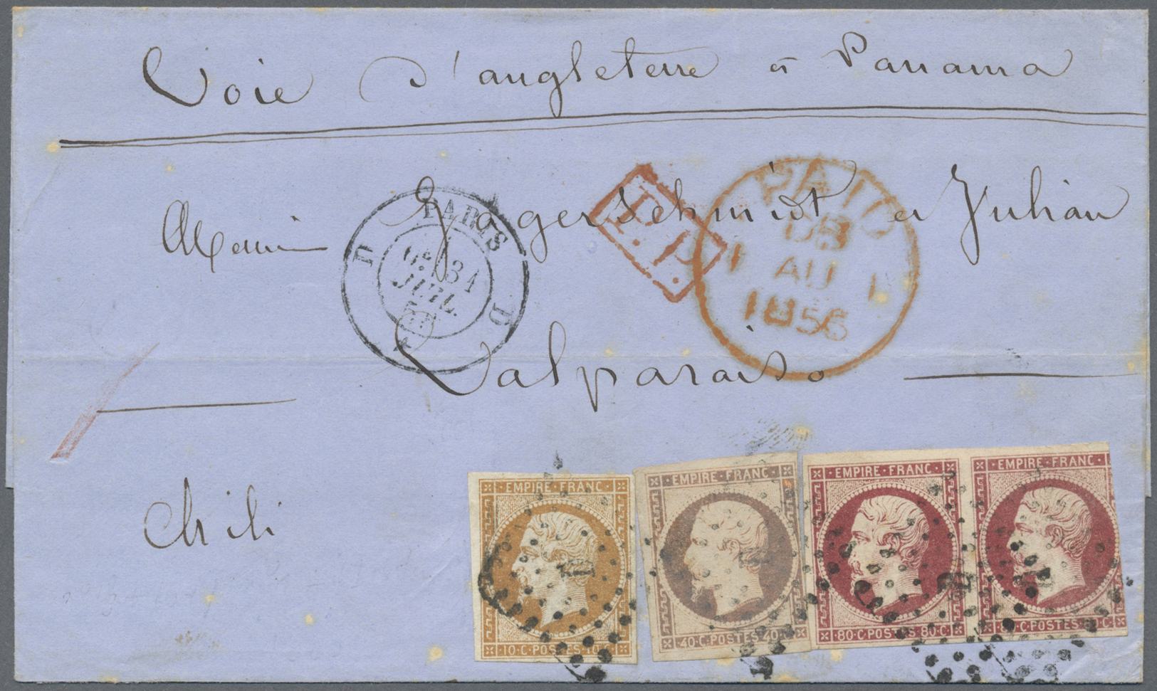 Br Frankreich: 1856, Folded Letter High 2,10 Franc Franking Sent From PARIS Via Panama To Valparaiso, Chile. The - Used Stamps