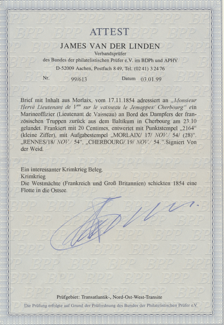 Br Frankreich: 1854, 20 C. Blau, Auf Kleinformatigen Brief (voller Inhalt), Mit NS "2164", Ng. K2 "MORLAIX 17/NOV - Oblitérés