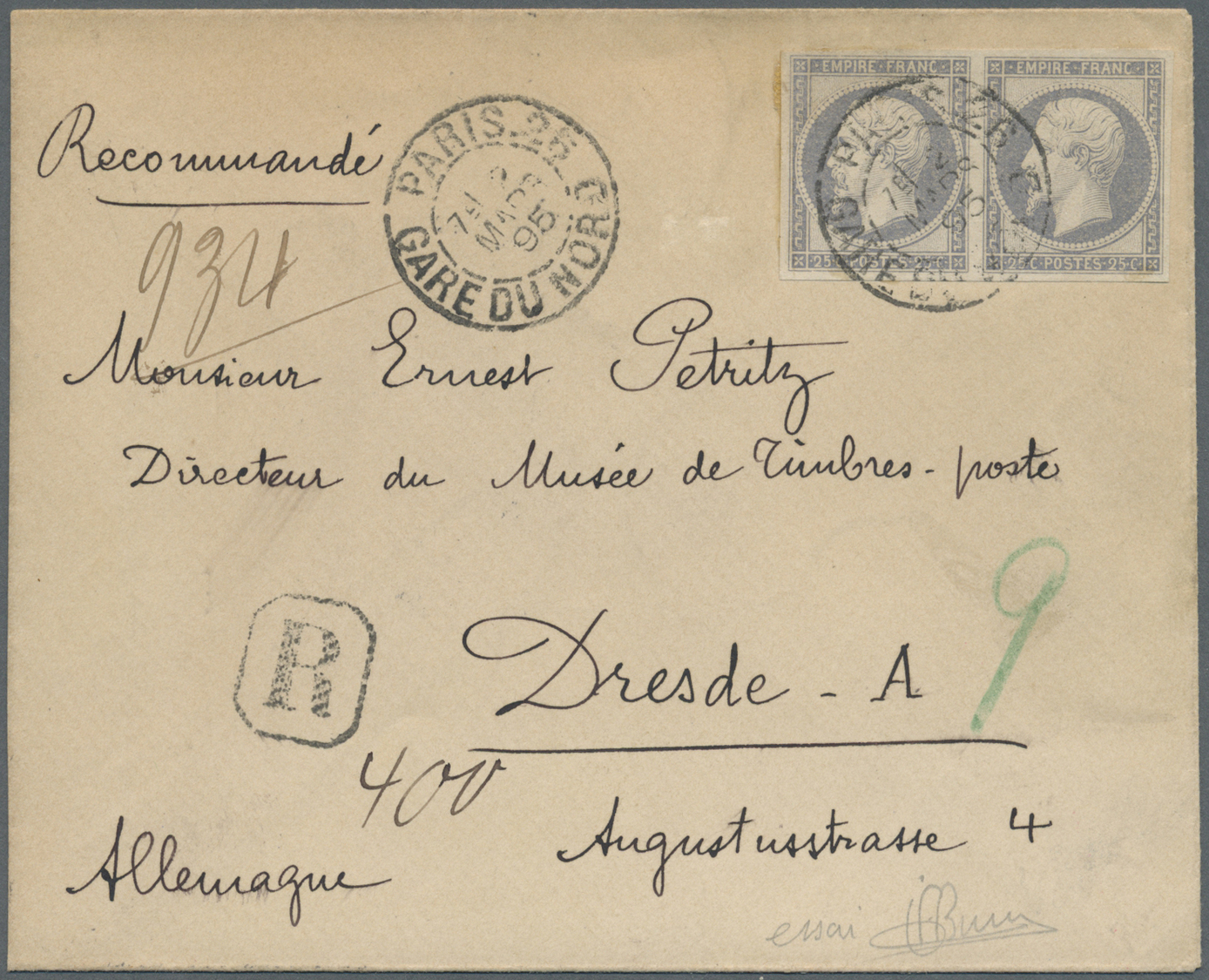 Br Frankreich: 1895, 20c. Empire Nd., ESSAY In Slate, Horiz. Pair Postally Used On Registered Cover From "PARIS G - Oblitérés