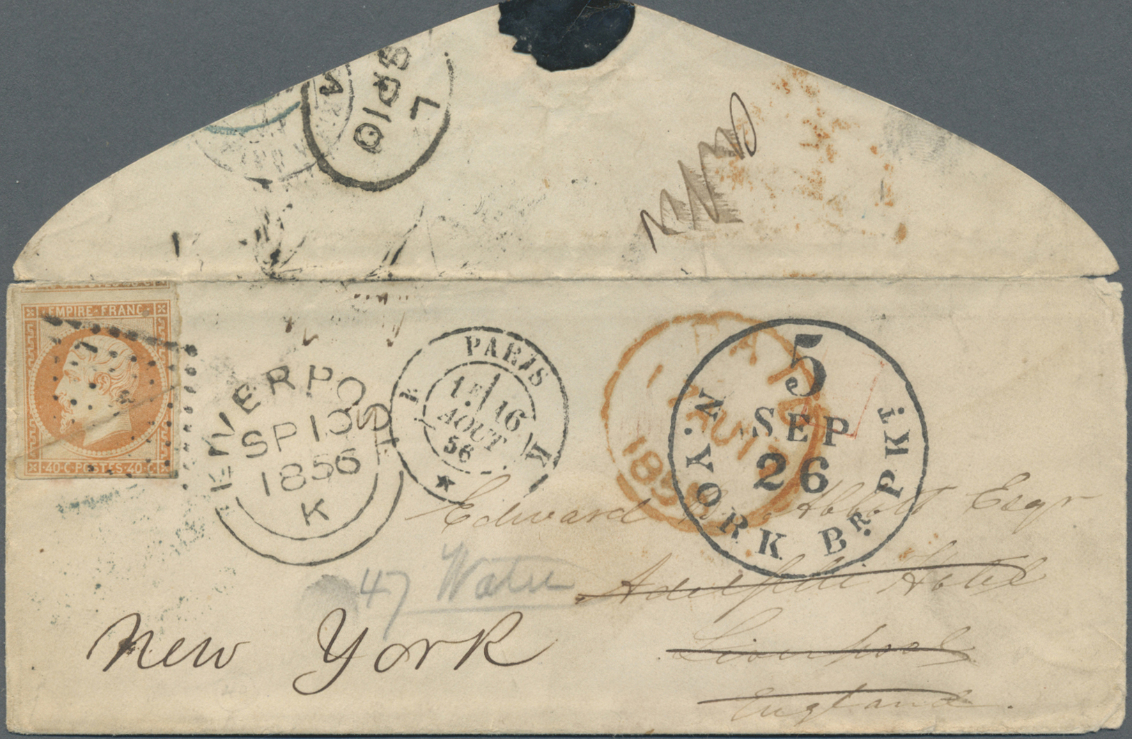 Br Frankreich: 1856, 40 C Orange Napoleon, Single Franking On Envelope From PARIS, 16 AOUT 56, Addressed To Liver - Used Stamps