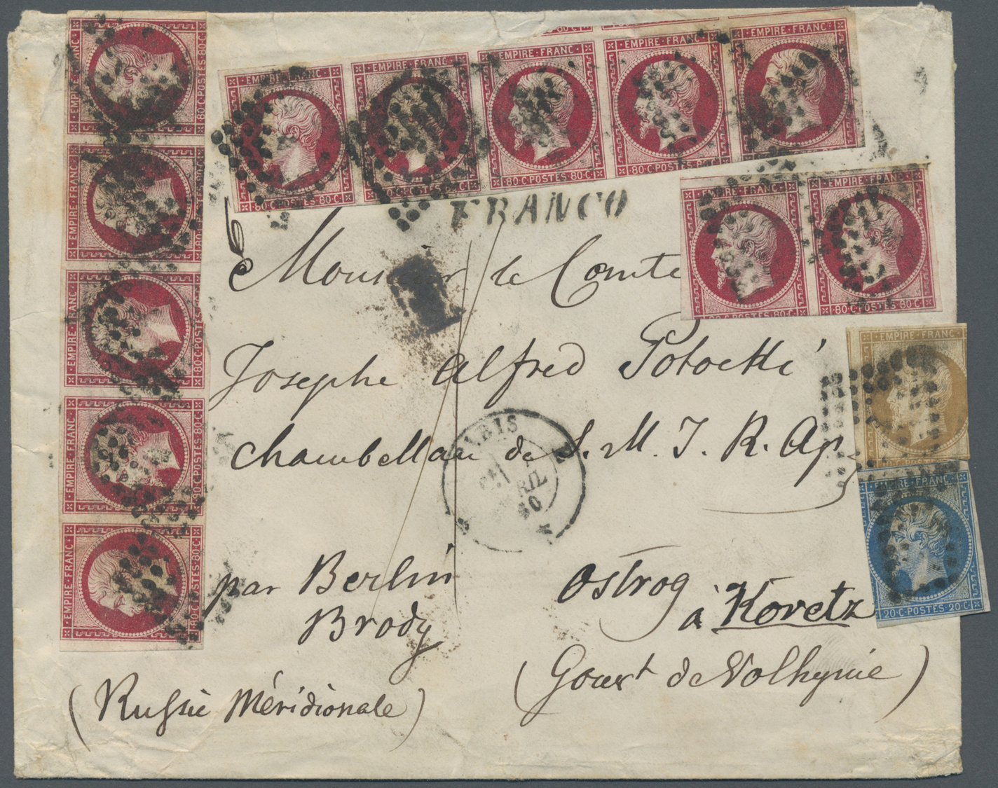 Br Frankreich: 1853, Napoléon 80 C. Karmin, Two Horizontal Strip Of Five And Pair And Single Stamps 10 C. Brown A - Used Stamps