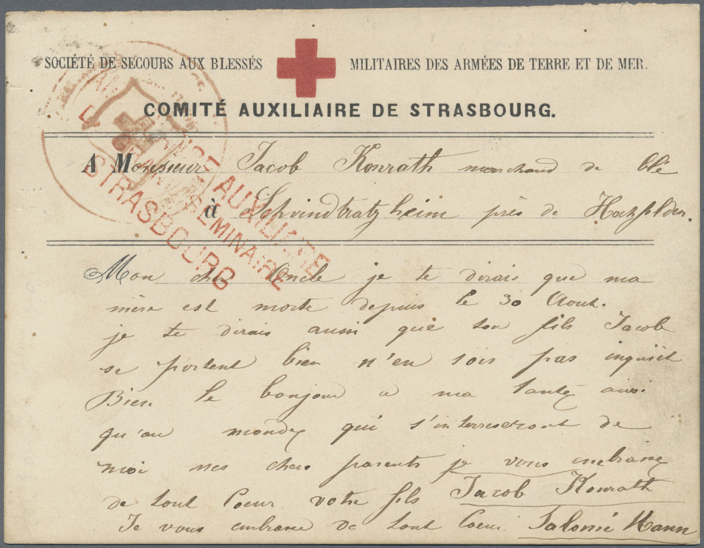 Br Thematik: Rotes Kreuz / Red Cross: 1870 "Ambulance Auxiliaire / Du Grand Seminaire / Strasbourg" In Red On Red Cross  - Red Cross