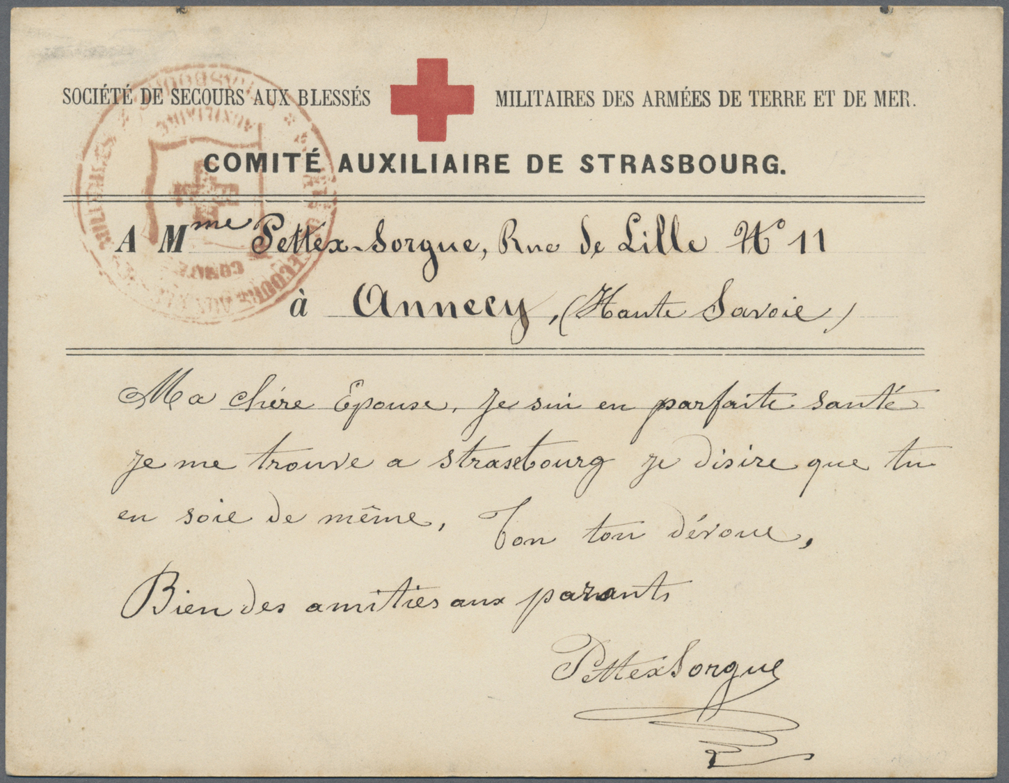 Br Thematik: Rotes Kreuz / Red Cross: 1870 Straßburg Vordruckkarte Des Roten Kreuzes "Société De Secours Aux Blessés Mil - Red Cross