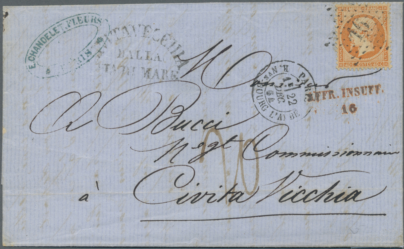 Br Frankreich: 1864, 40 C Orange Napoleon Together With Red "AFFR. INSUFF. 16" On Insufficiently Franked Folded L - Used Stamps