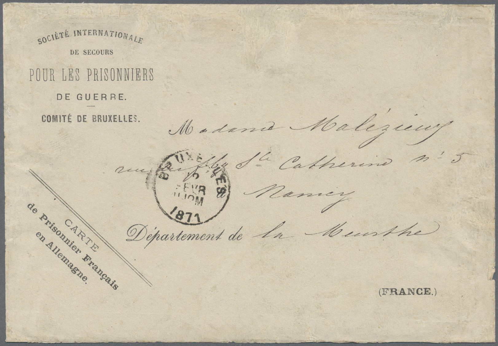 Br Thematik: Rotes Kreuz / Red Cross: 1871 Belgien Brief (Mgl.) Der "Société Internationale Des Secours POUR LES PRISONN - Red Cross