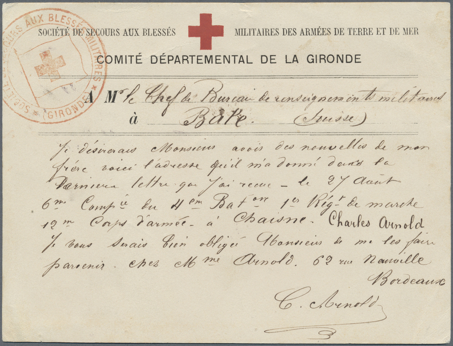 Br Thematik: Rotes Kreuz / Red Cross: 1871, Rotkreuz-K2 "SOCIETE DES SECOURS AUX BLESSES MILITAIRES GIRONDE" Auf Rotkreu - Red Cross