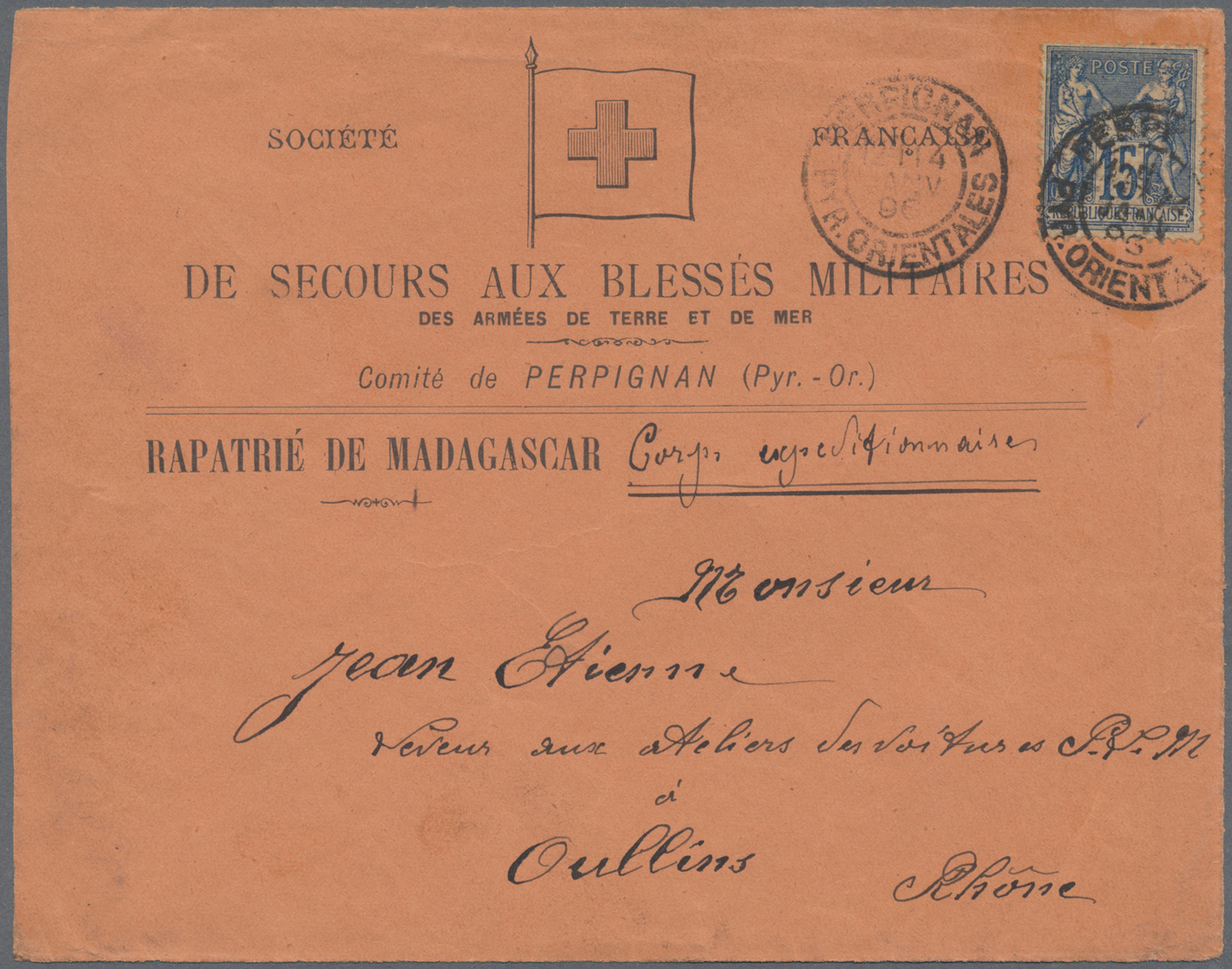 Br/Brrst Thematik: Rotes Kreuz / Red Cross: 1896 MADAGASKAR Rote Kreuz-Vordruckbrief-Vorderseite "De Secours Aux Blessés - Red Cross