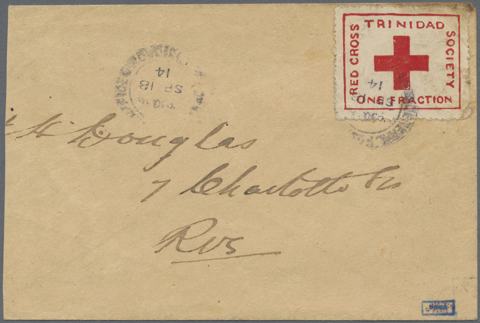 Br Thematik: Rotes Kreuz / Red Cross: 1914 Trinidad Portofreiheitsmarke Gebr. Auf Inlandsbrief, Links Scherenöffnung, Se - Red Cross