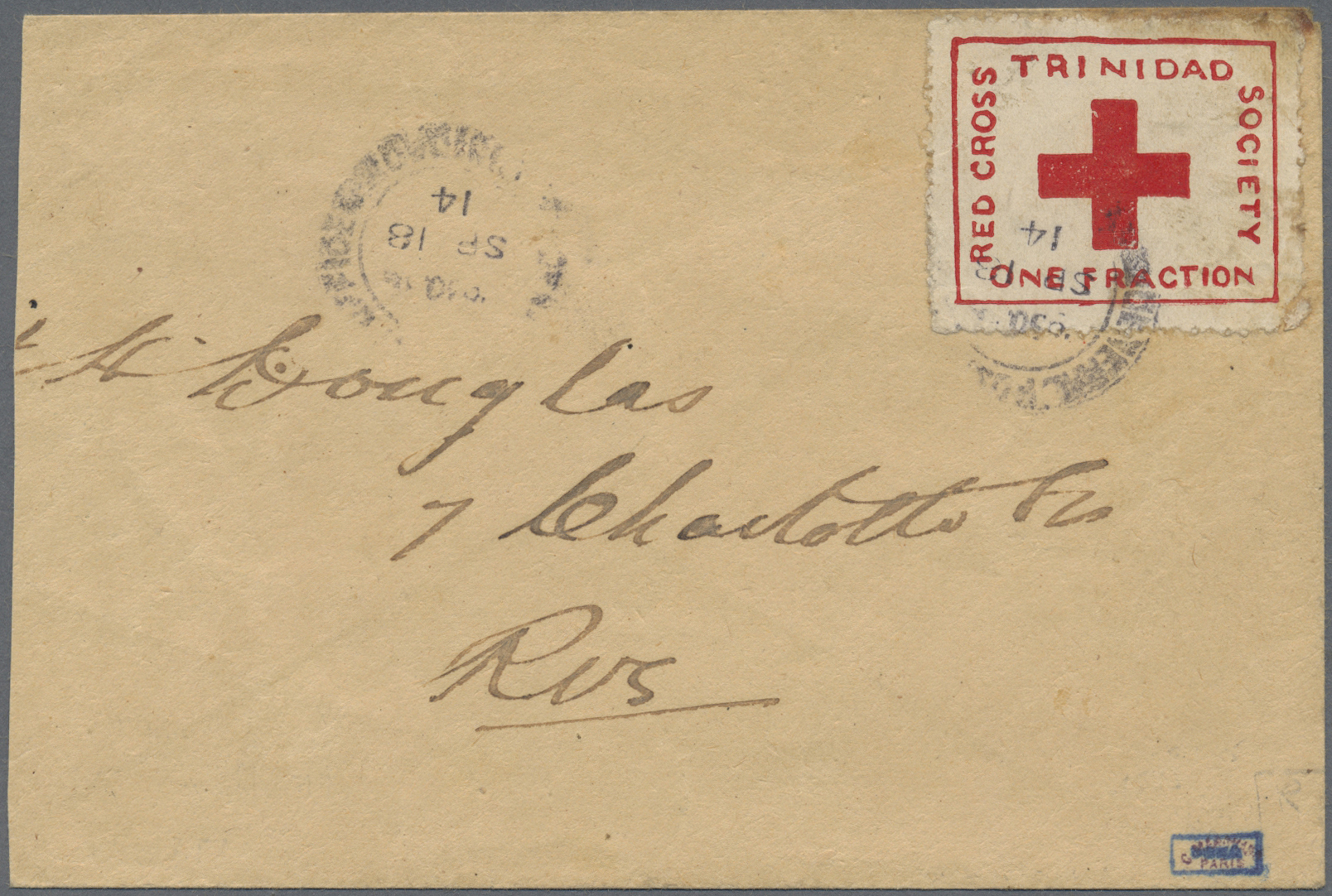 Br Thematik: Rotes Kreuz / Red Cross: 1914 Trinidad Portofreiheitsmarke Gebr. Auf Inlandsbrief, Links Scherenöffnung, Se - Rotes Kreuz