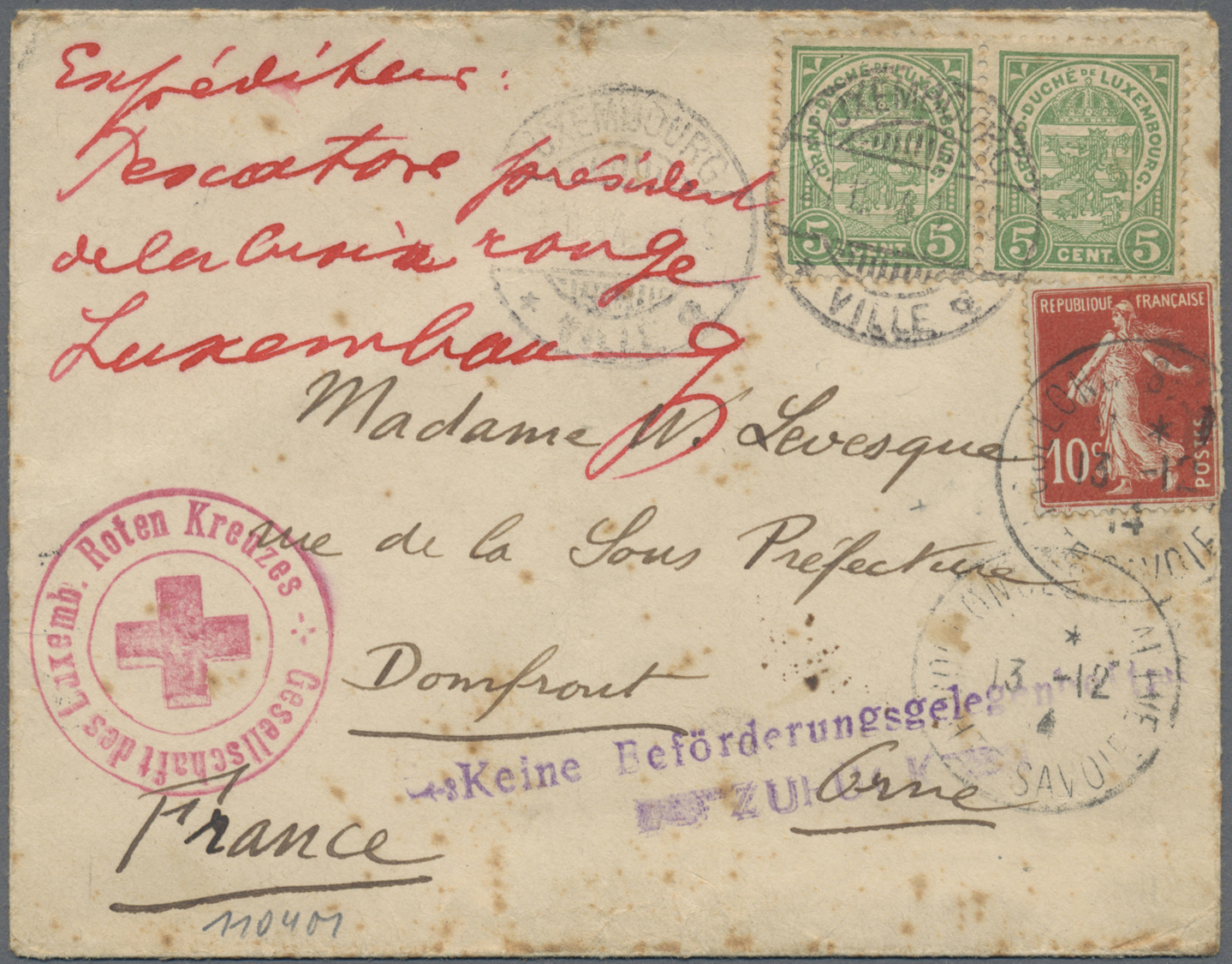 Br Thematik: Rotes Kreuz / Red Cross: 1914 Luxemburg Roter K2 "Gesellschaft Des Luxemb. Roten Kreuzes" Mit Abb. "Rot Kre - Croix-Rouge