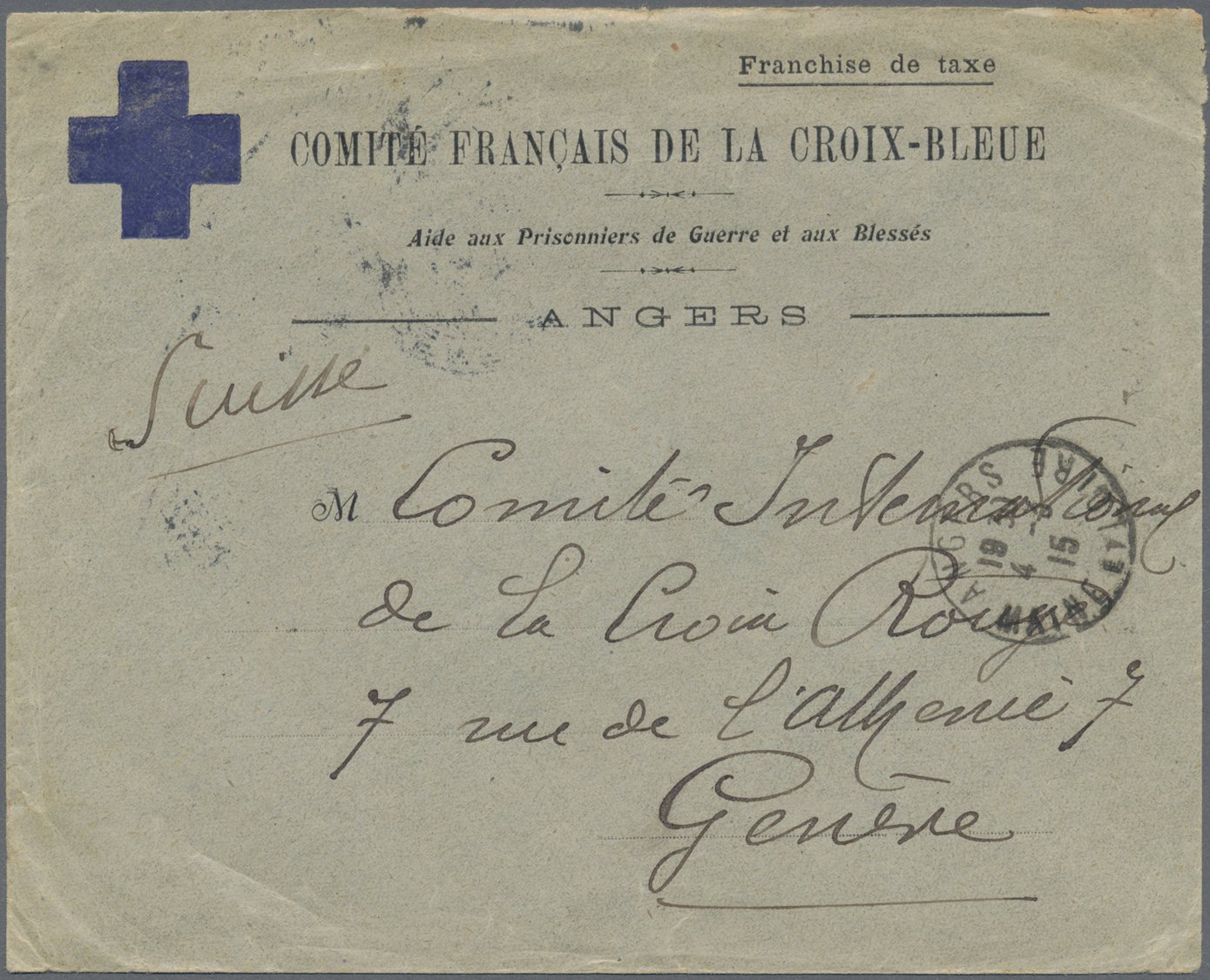 Br Thematik: Rotes Kreuz / Red Cross: 1915 Frankreich "Comite Francais De La Croix-Bleue" Vordruckbrief Portofrei Gebr., - Red Cross
