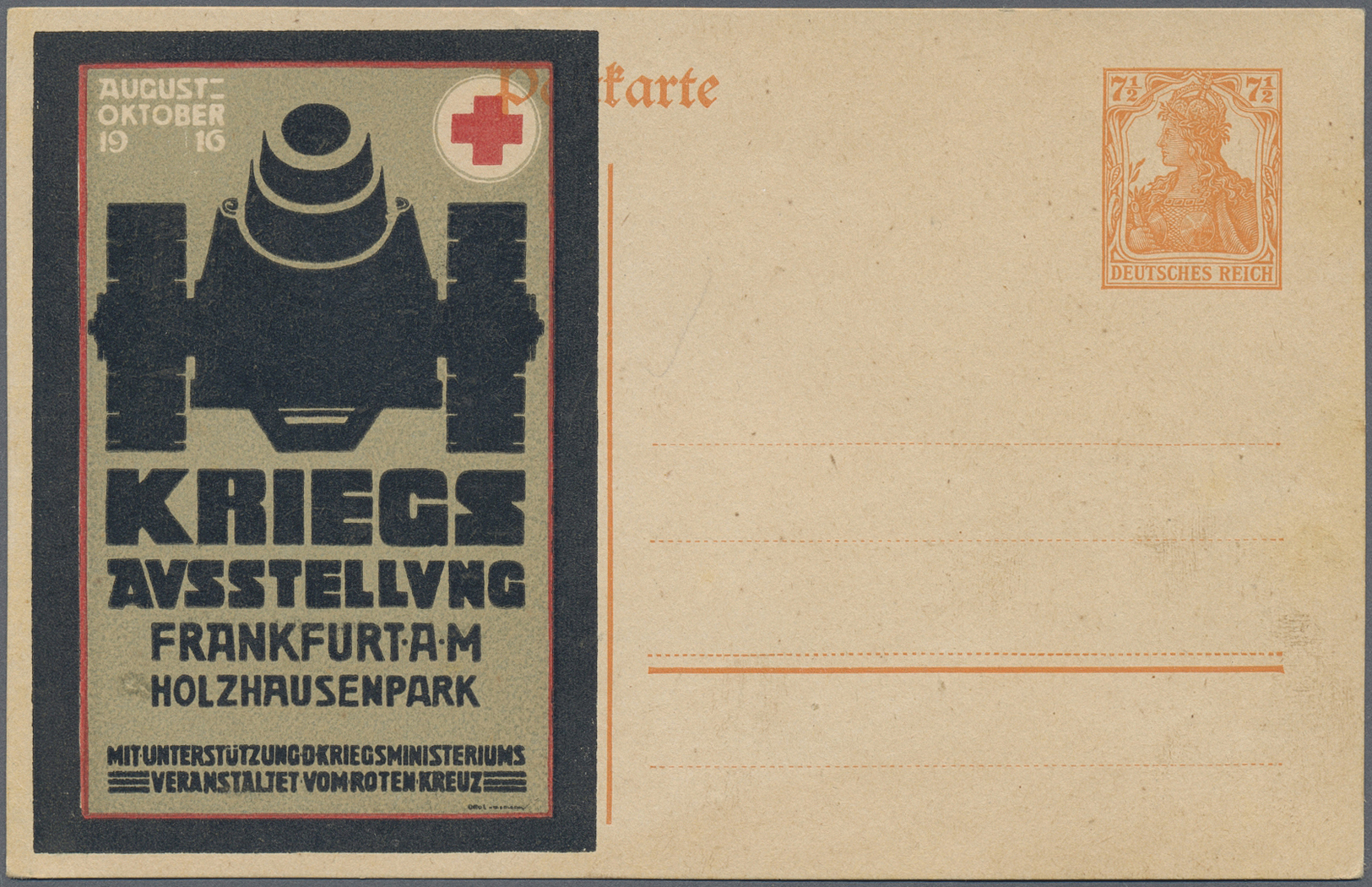 GA Thematik: Rotes Kreuz / Red Cross: 1916 Dt.Reich 7 1/2 Pf Privatpostkarte Zur "Kriegsausstellung Frankfurt /M. - Vera - Rotes Kreuz