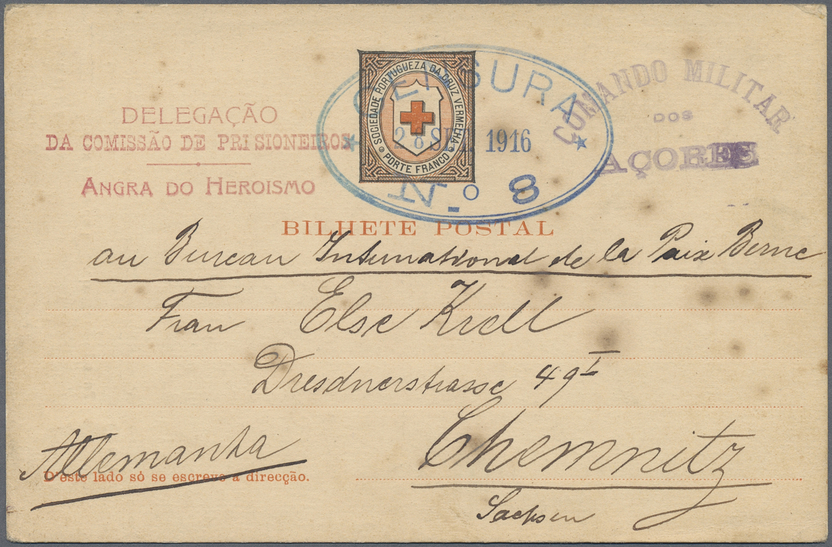 GA Thematik: Rotes Kreuz / Red Cross: 1916 Portugal Kriegsgef.-Vordruck-Karte Des Roten Kreuzes Mit Zensur-Stempel "Coma - Red Cross