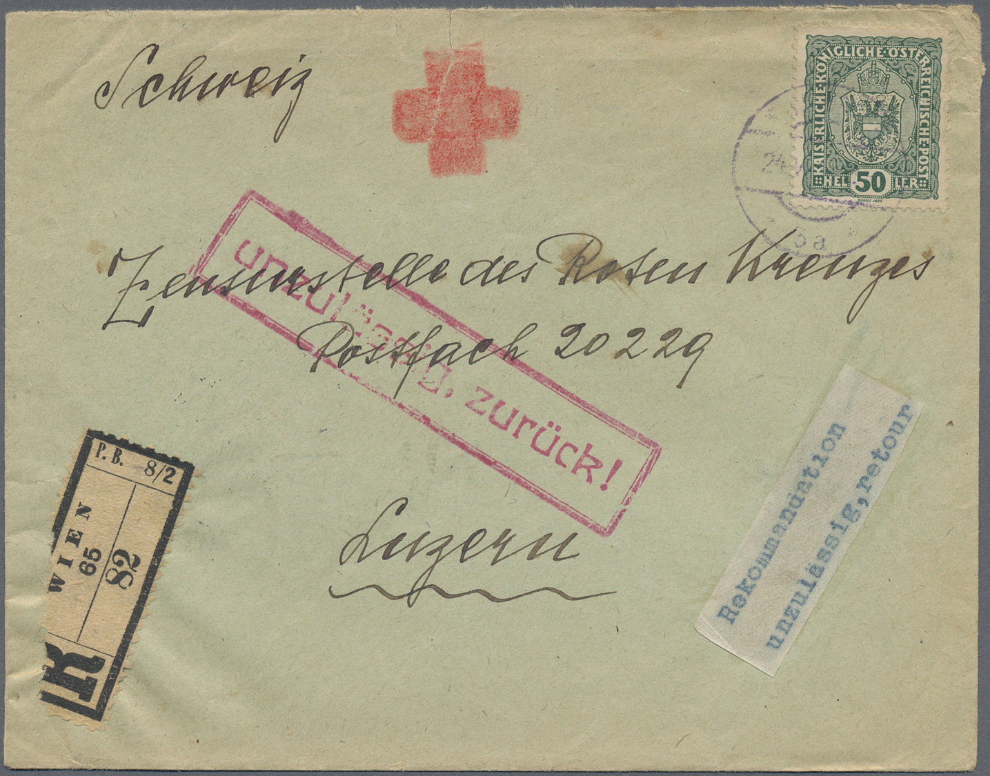 Br Thematik: Rotes Kreuz / Red Cross: 1918 Österreich Stempel Mit Abb. "Rotes Kreuz" Auf R-Brief Von Wien An R.K. In Luz - Red Cross
