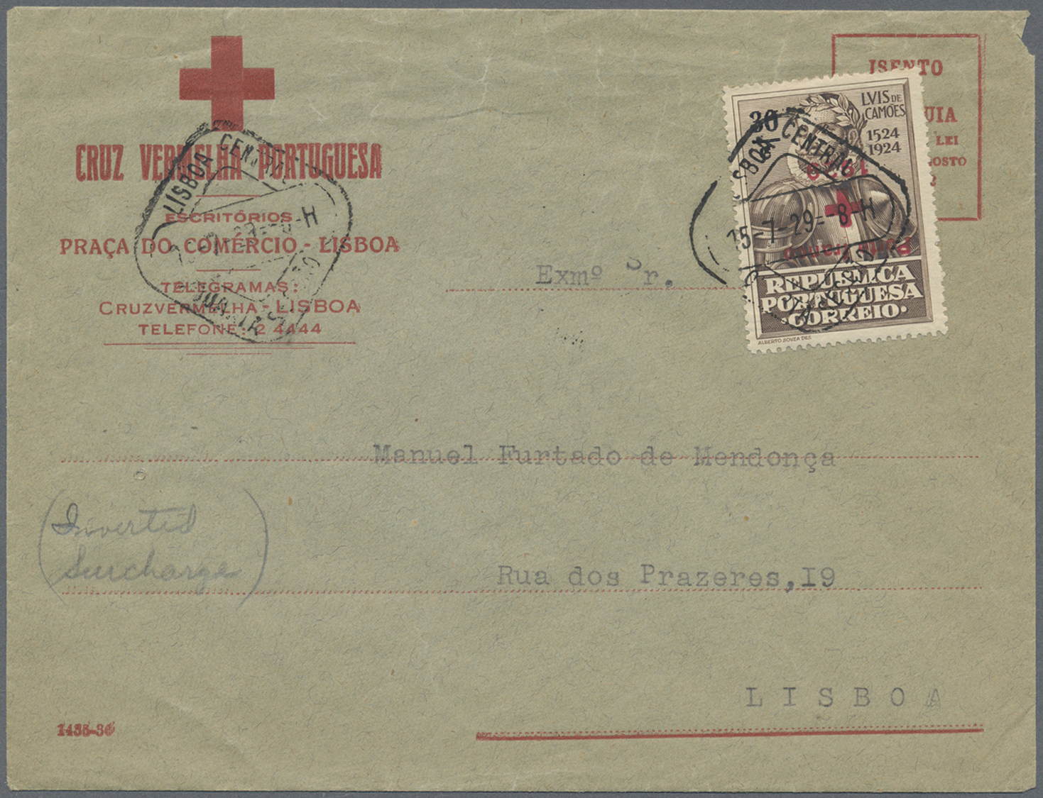 Br Thematik: Rotes Kreuz / Red Cross: 1929 Portugal 30 R. Portofreiheitsmarke Für Das Rote Kreuz Mit Rotem "kopfstehende - Red Cross