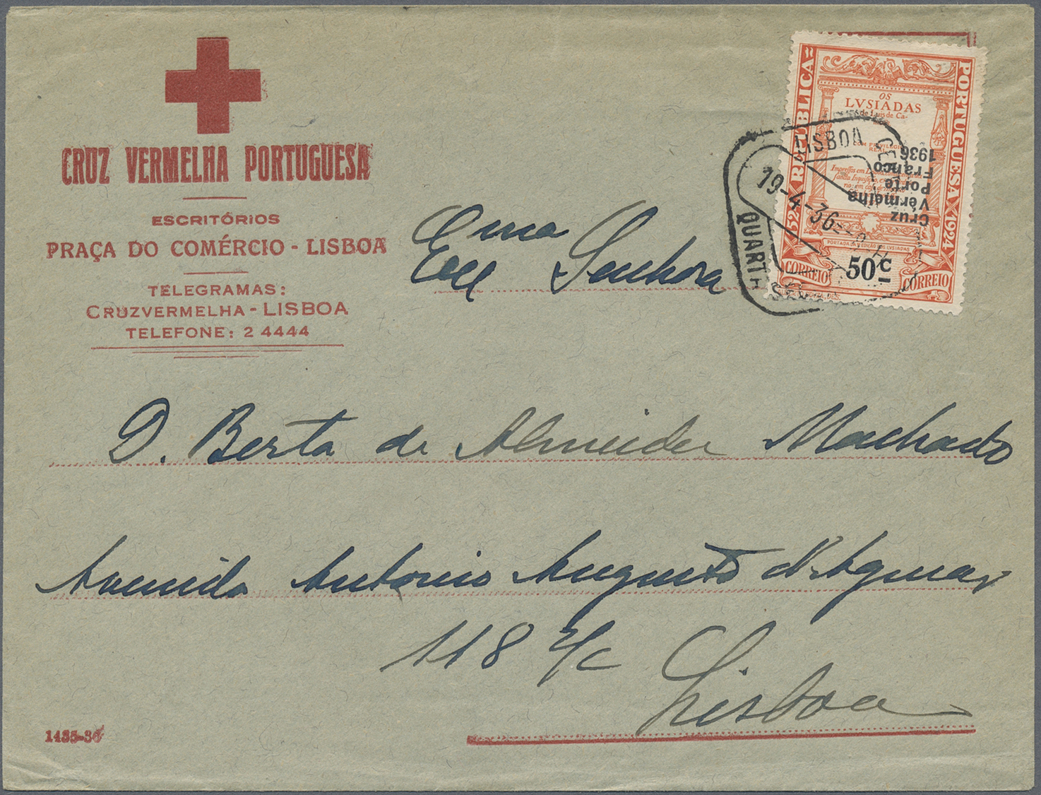 Br Thematik: Rotes Kreuz / Red Cross: 1936 Portugal 50 C. Orange Portofreiheitsmarke F.d. Rote Kreuz M. KOPFSTEHENDEM Au - Red Cross