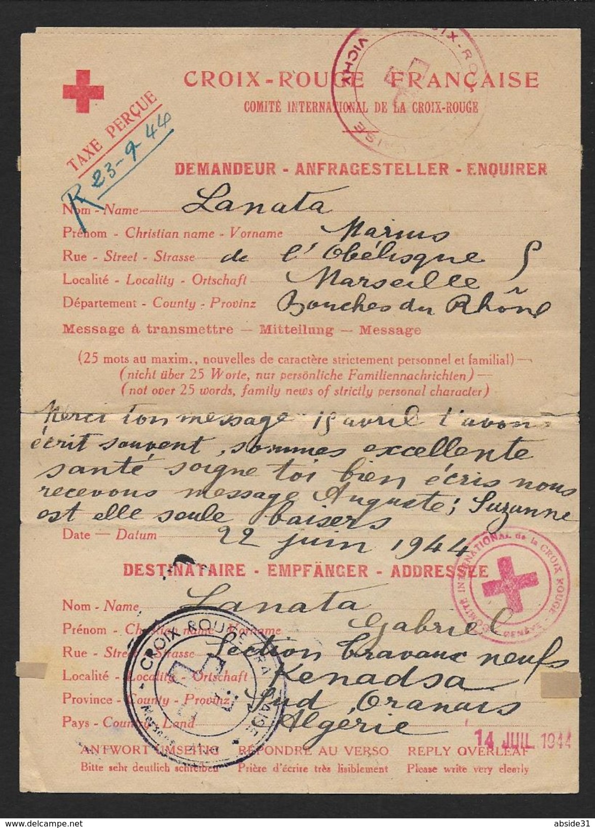 MESSAGE CROIX ROUGE - Guerre De 1939-45