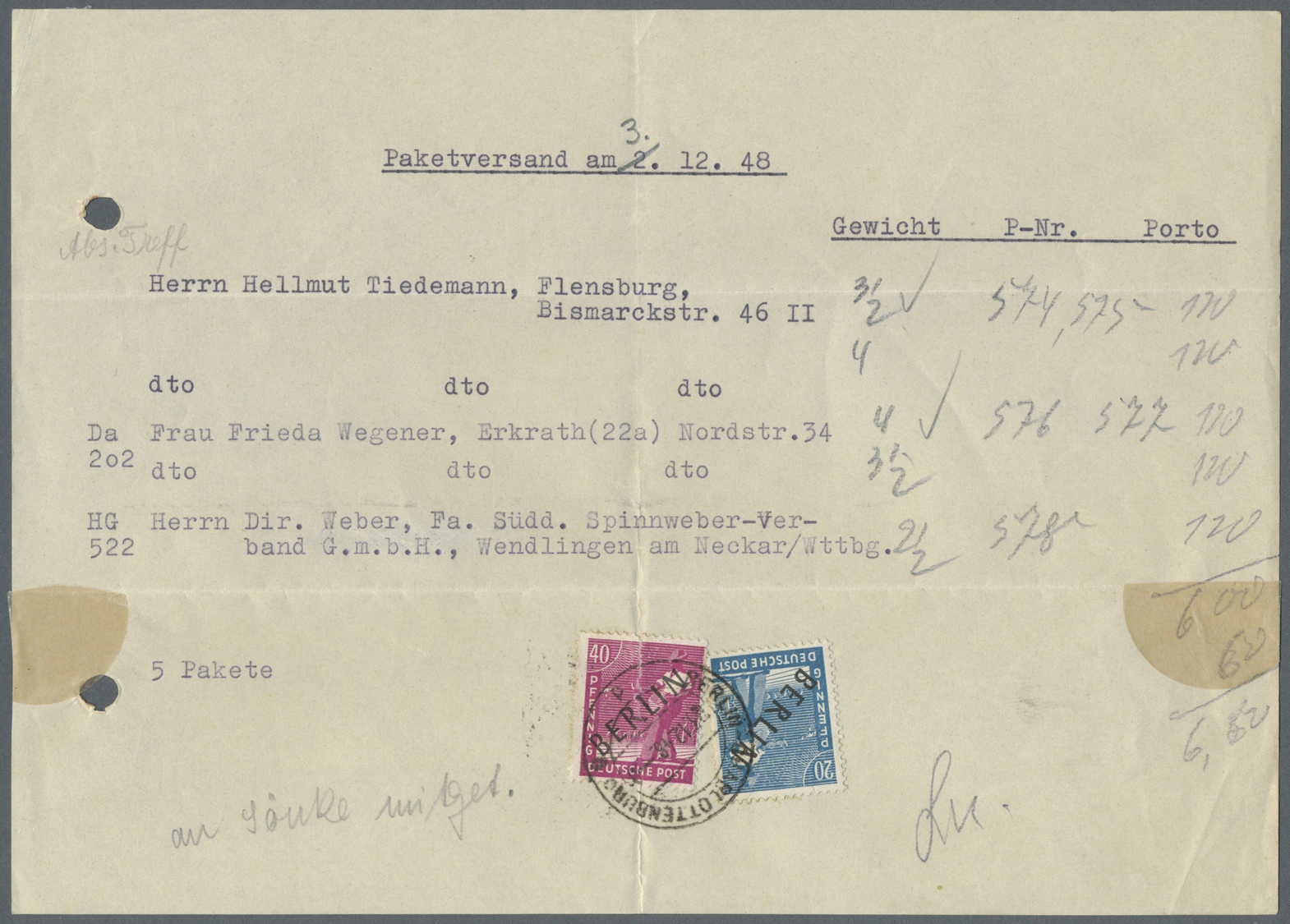 Br Berlin: 1948: Provisorische Einlieferungsbescheinigung über 5 Pakete An 3 Empfänger. Gebühr Je Empfä - Altri & Non Classificati