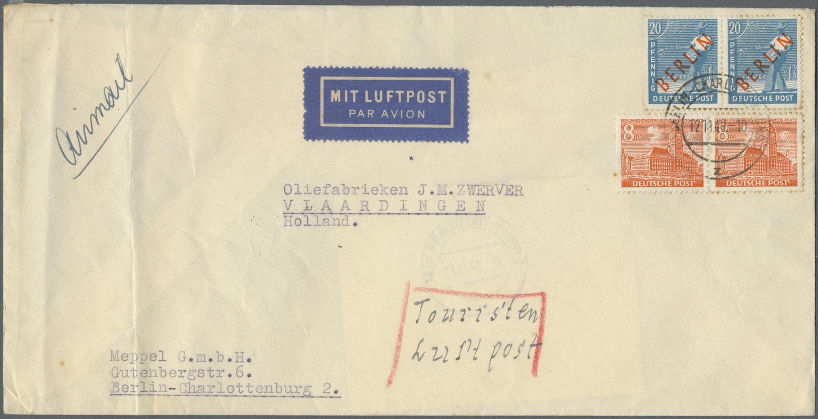 Br Berlin: 1949: Langumschlag Als TOURISTENLUFTPOST EUROPA 55 Pf. Mit 2 X 20 Pf. Rotaufdruck Und 2 X 8 - Andere & Zonder Classificatie