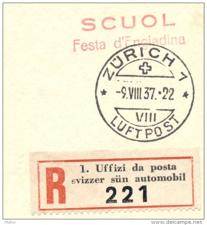 Schweiz - 1937 -  10 And 30 C Overprinted Stamp On R-Postcard Scuol Festa D'Engiadina  - Posta Automobil - Briefe U. Dokumente