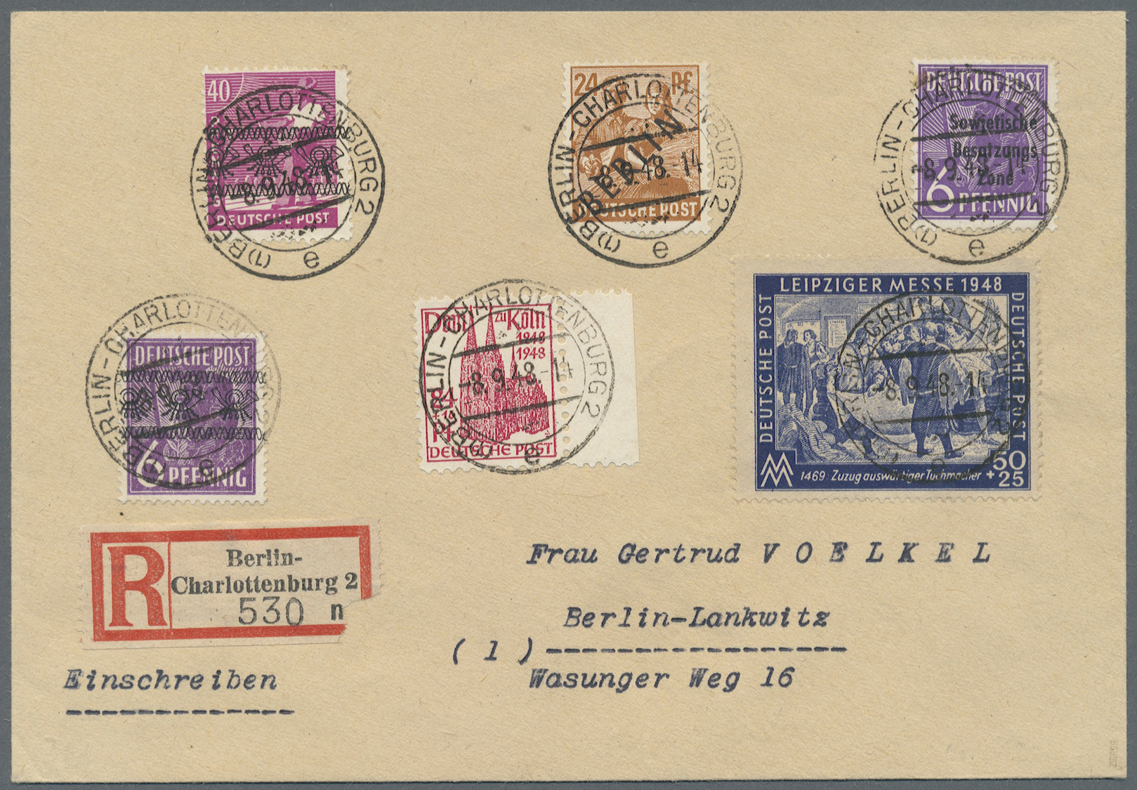 Br Berlin: 1948, 24 Pfg. Schwarzaufdruck In Mischfrankatur Mit Bizone 24 Pfg. Kölner Dom, 40 Pfg. Und 6 - Andere & Zonder Classificatie