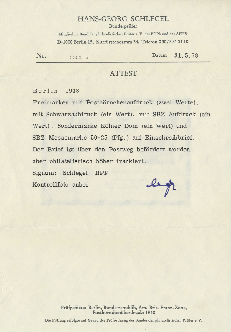 Br Berlin: 1948, 24 Pfg. Schwarzaufdruck In Mischfrankatur Mit Bizone 24 Pfg. Kölner Dom, 40 Pfg. Und 6 - Andere & Zonder Classificatie