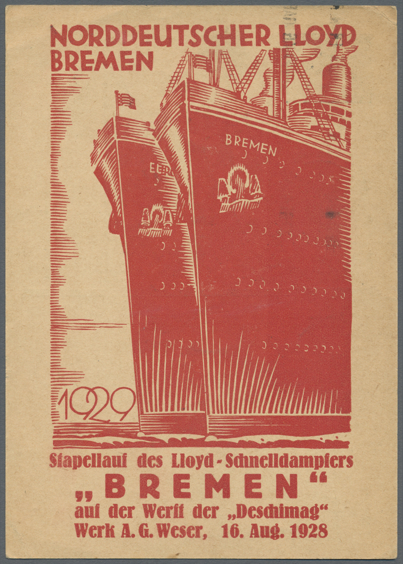 GA/Br Thematik: Schiffe / Ships: 1928, Dt. Reich. Privat-Postkarte 8 Pf Beethoven "Stapellauf Des Lloyd-Schnelldampfers  - Schiffe