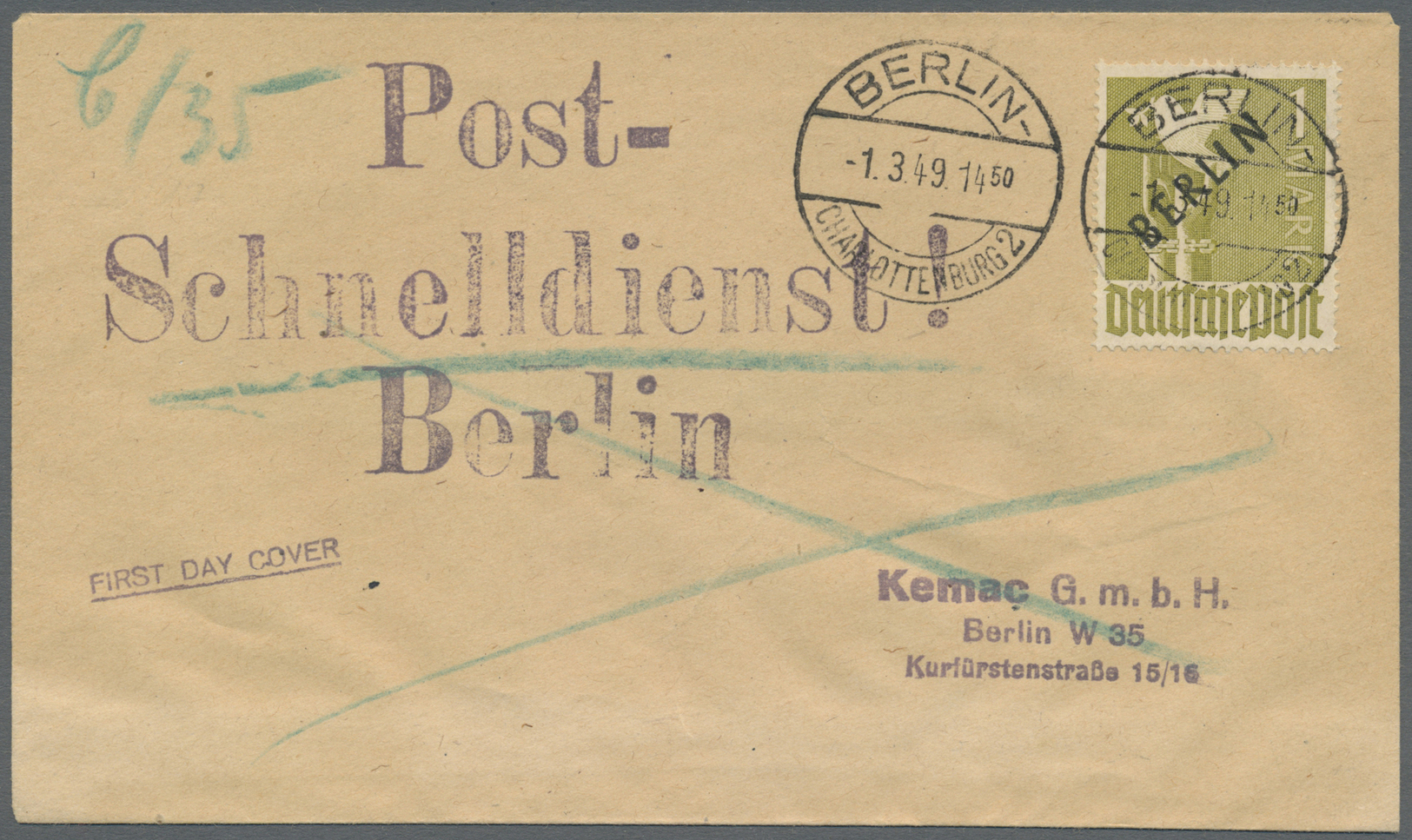 Berlin: 1948, 1 Mark Schwarzaufdruck Auf (nichtamtlichem) FDC Zur Eröffnung Des Postschnelldienstes, - Altri & Non Classificati