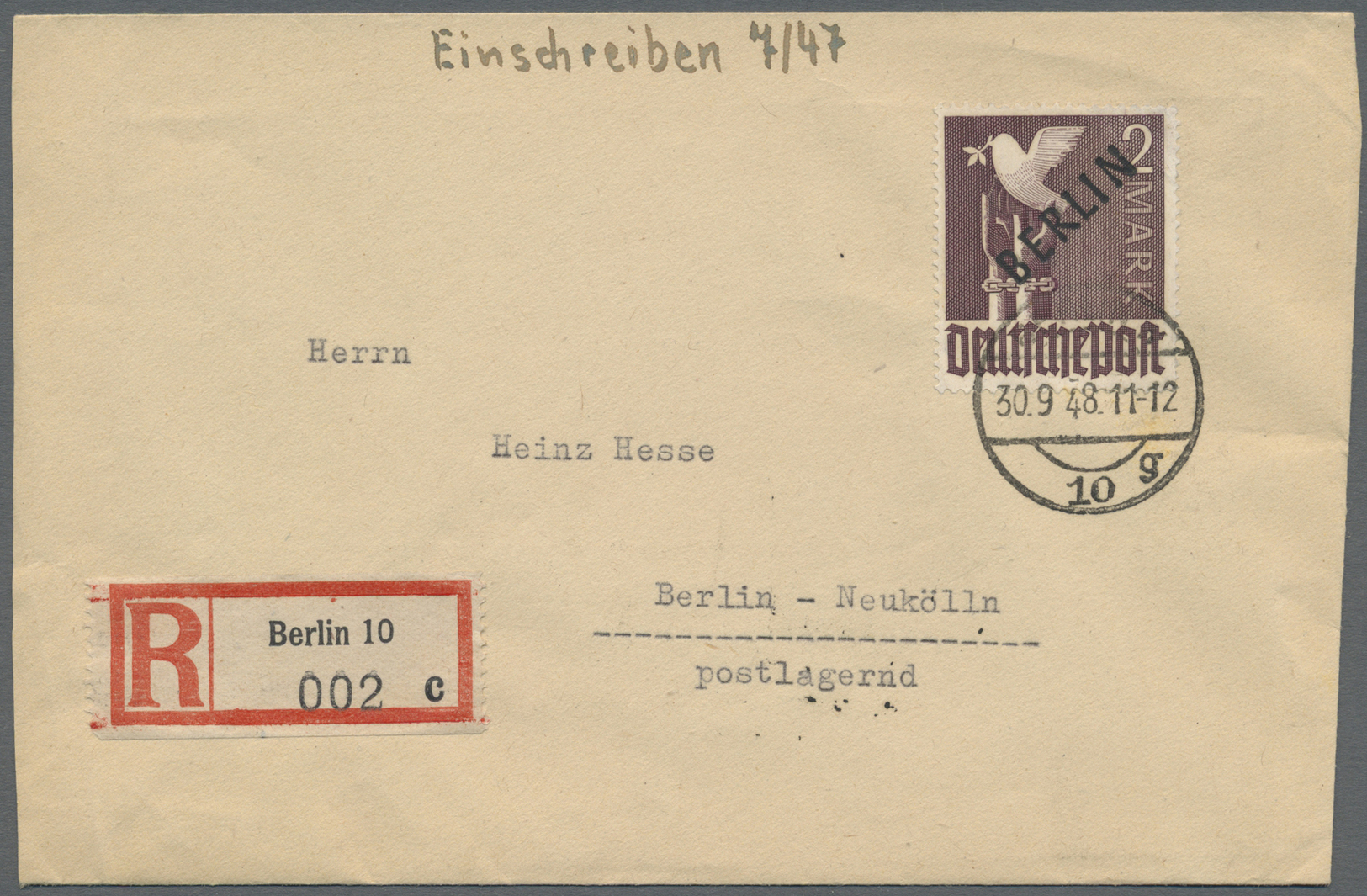 Br Berlin: 1948, 2 Mark Schwarzaufdruck Als Einzelfrankatur Auf überfrankiertem R-Brief Ab BERLIN 10. A - Autres & Non Classés