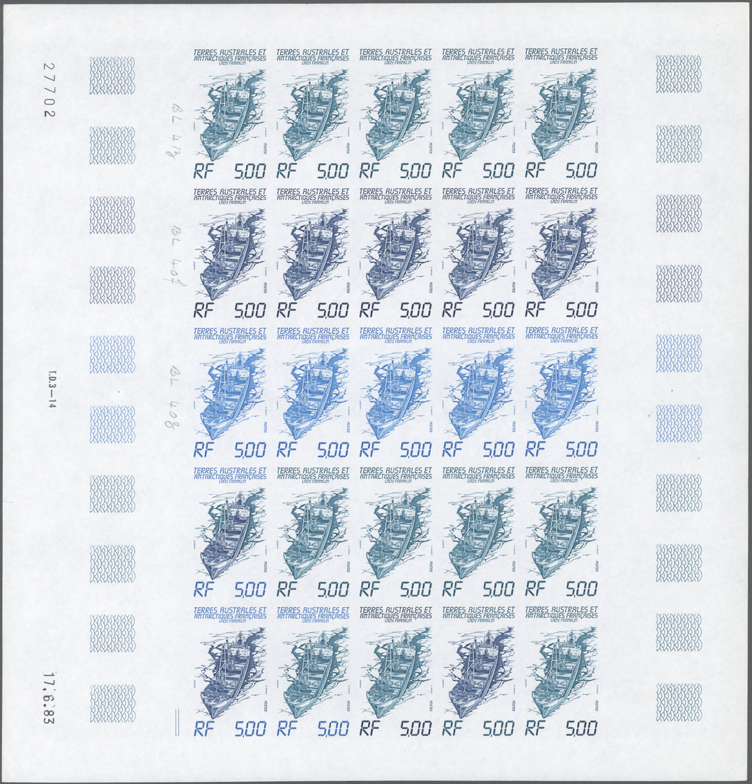 ** Thematik: Schiffe / Ships: 1983, F.S.A.T. Complete Color Proof Sheet Of 25 For The 5fr Stamp FREIGHTER LADY FRANKLIN. - Ships