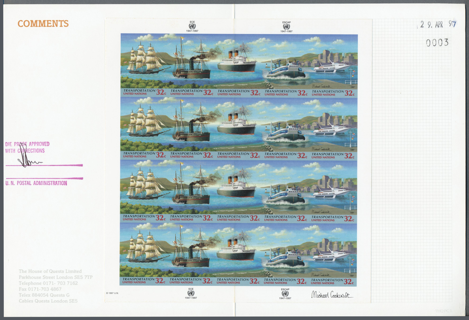 Thematik: Schiffe / Ships: 1997, UN New York. Imperforate Approved Proof Se-tenant Sheet Of 4 Strips Of 5 For The TRANSP - Barche