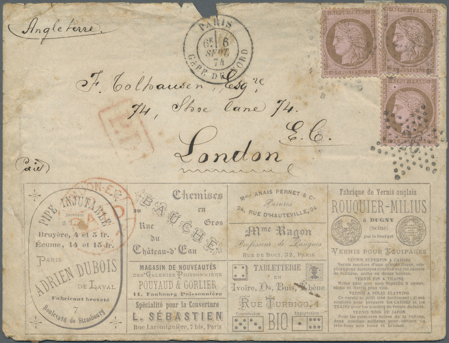 Br Thematik: Spiele / Games: 1874, France. Advertising Cover (Enveloppe Publicitaire) With Some Adverts On Both Sides, I - Unclassified