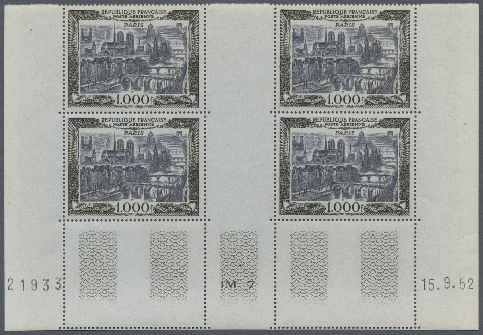 /** Frankreich: 1949, 1000 Fr. Flugpost Postfrisch Im Zwischenstegviererblock Mit Komplettem Druckdatum "15.9.52", - Used Stamps