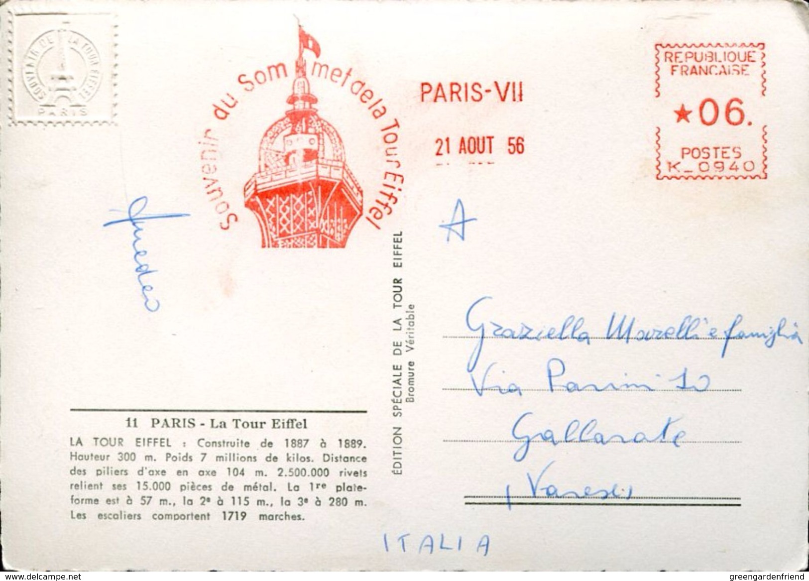 25744 FRANCE,red Meter/freistempel/ema/ 1956 Paris Souvenir Du Sommet De La Tour Eiffel, Circulè - EMA (Printer Machine)