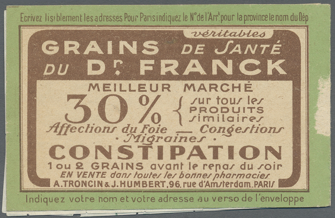 * Frankreich - Markenheftchen: 1923. Carnet De 10c Vert Semeuse "Pasteur", Surcharge "ANNULE", Manque (Deckel Un - Autres & Non Classés