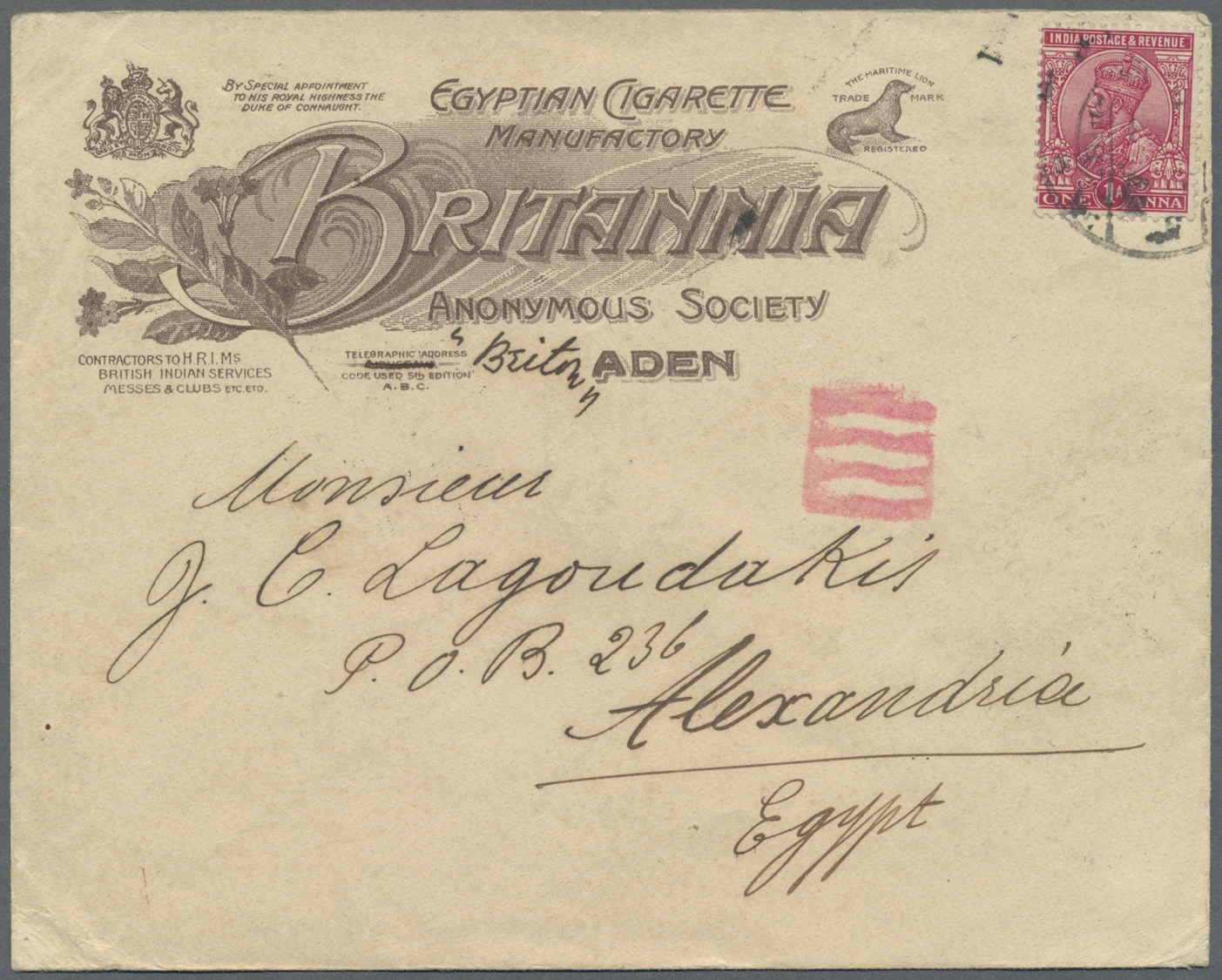 Br Thematik: Tabak / Tobacco: 1915 "Egyptian Cigarette Manufactory BRITANNIA In ADEN": Two Advertising Envelopes (one In - Tobacco