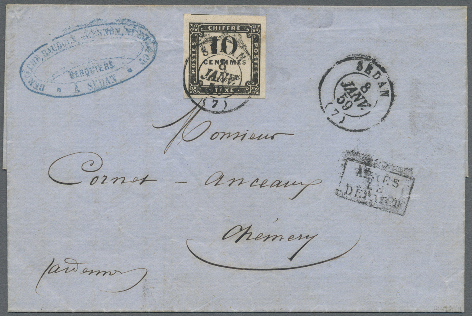 Br Frankreich - Portomarken: 1859, 10c. Black, Lithographed Issue, Full To Large Margins With  Part Of Upper Adjo - 1859-1959 Covers & Documents