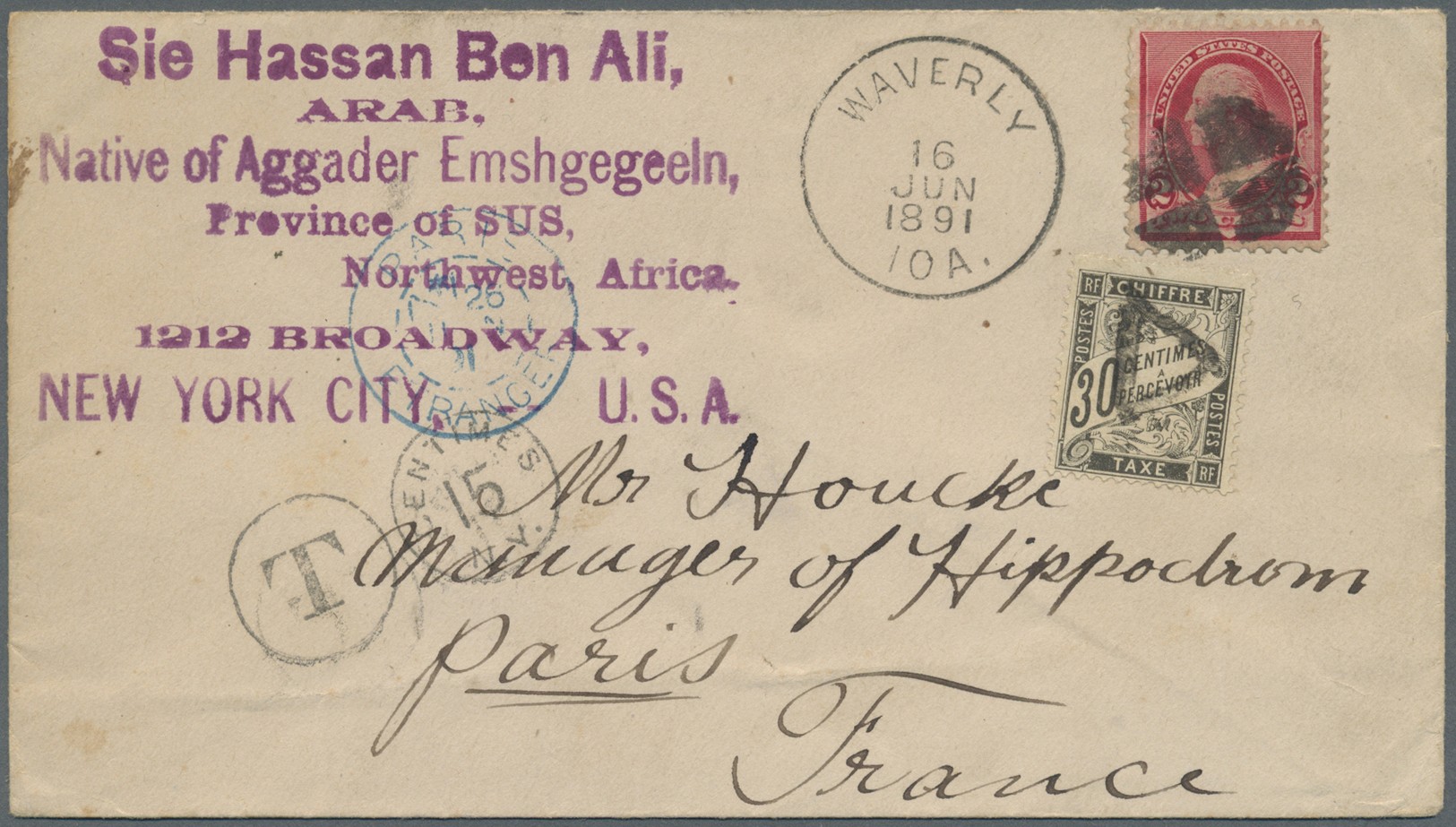 Br Frankreich - Portomarken: 1891, Incoming Cover From WAVERLY 16 JUN 1891 (USA) To Paris, Franked With 2c. Washi - 1859-1959 Lettres & Documents