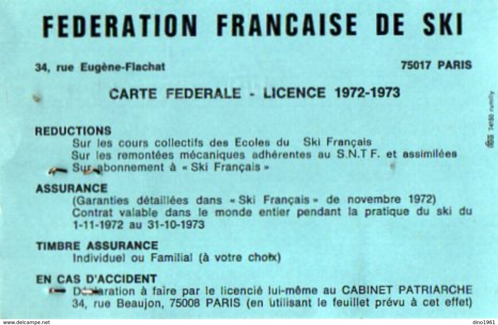 VP10.830 - PARIS - Fédération Francaise De Ski - Carte Fédérale De Mr Georges ALLO De PONTAULT COMBAULT - Sports D'hiver