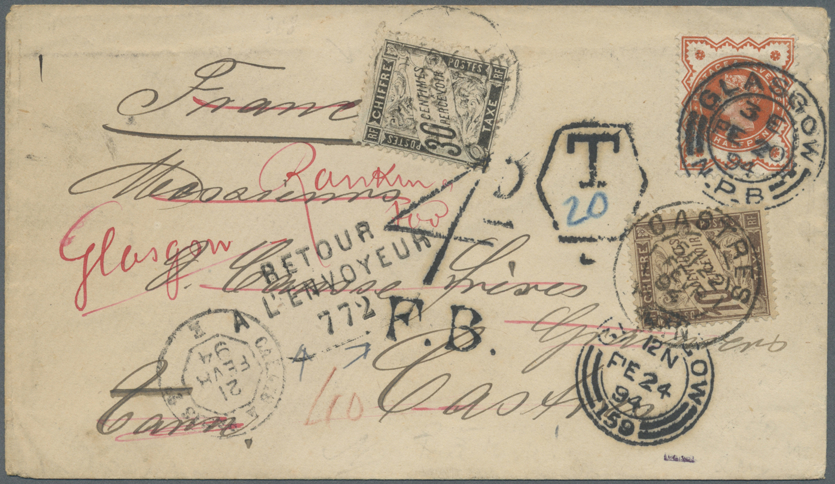 Br Frankreich - Portomarken: 1894, Incoming Cover From Glasgow 20.2. To Castres, Franked With ½d. Vermilion, Char - 1859-1959 Lettres & Documents