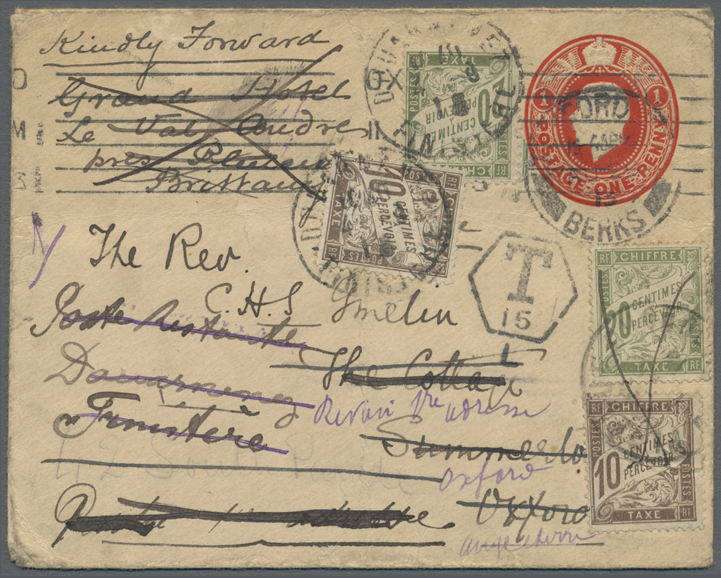 GA Frankreich - Portomarken: 1913 (29.8.), Stat. Envelope Embossed Oval KGV 1d. Scarlet Used From Berks With Seve - 1859-1959 Covers & Documents