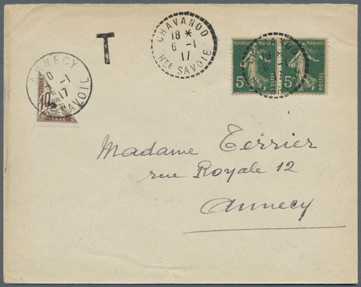Br Frankreich - Portomarken: 1917 (6.1.), Underpaid Cover Bearing Horiz. Pair 5c Dark Green Used From Chavanoo To - 1859-1959 Lettres & Documents