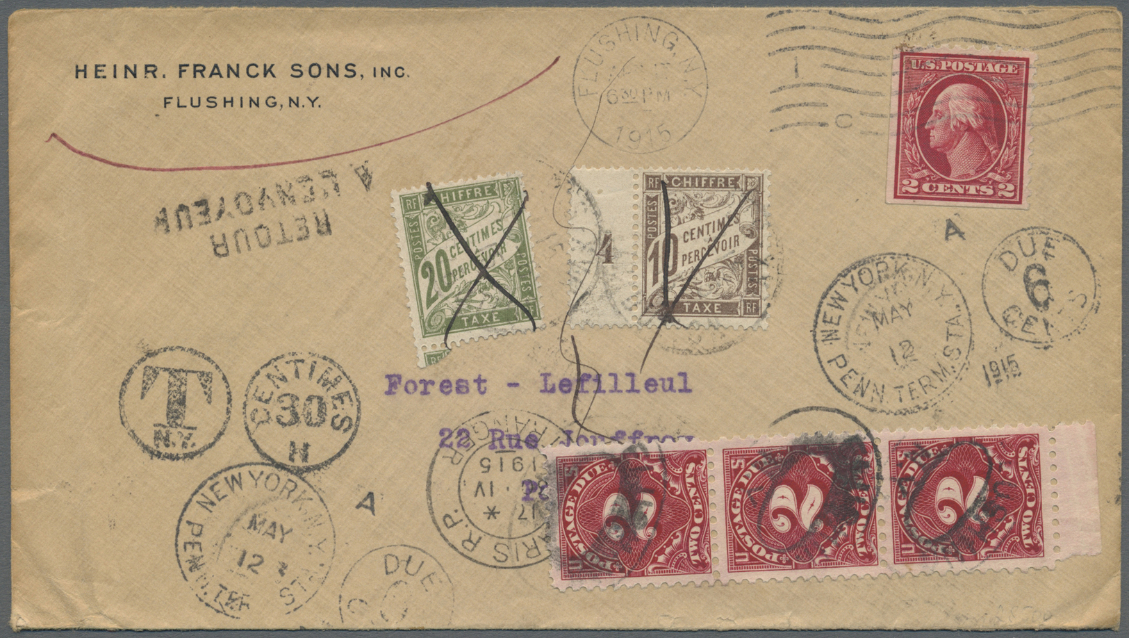 Br Frankreich - Portomarken: 1915, 10c. Brown And 20c. Olive On Incoming Cover From FLUSHING/USA To PARIS, Which - 1859-1959 Lettres & Documents