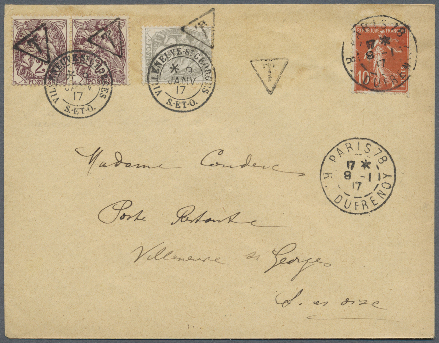 Br Frankreich - Portomarken: 1917 (8.1.), Underpaid Cover Bearing 10c Red Only Used From Paris To Villeneuve St. - 1859-1959 Lettres & Documents