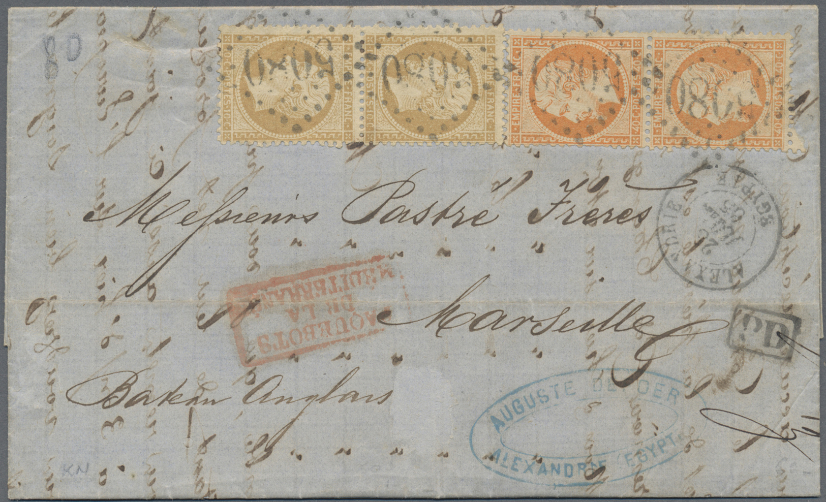 Br Französische Post In Ägypten - Alexandria: 1865, 10c. Bistre And 40c. Orange, Two Vertical Pairs On Lettershee - Other & Unclassified